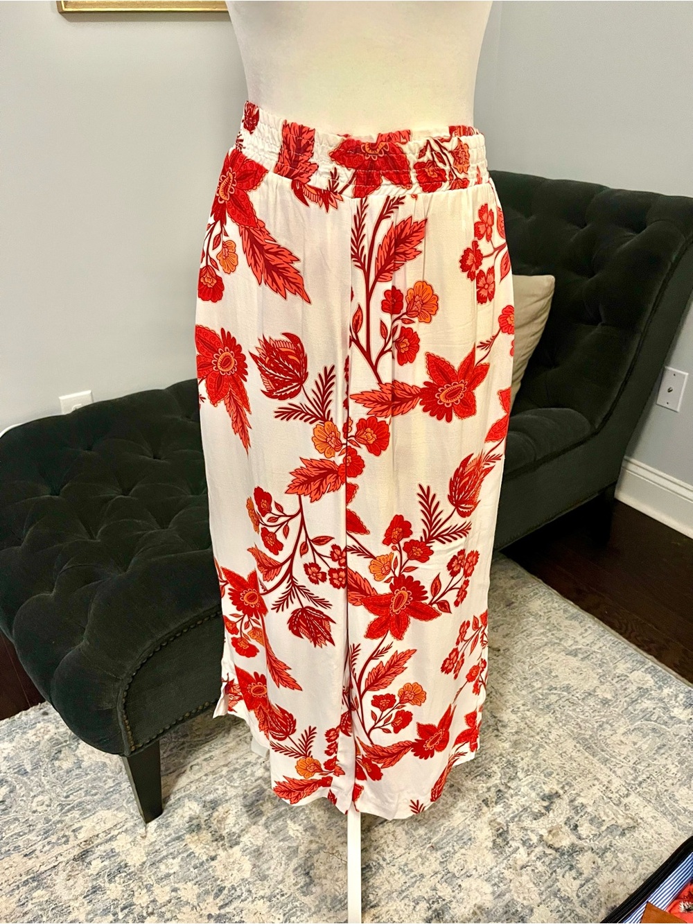 LOFT Cream, Orange and Red with Red Floral Print Pants